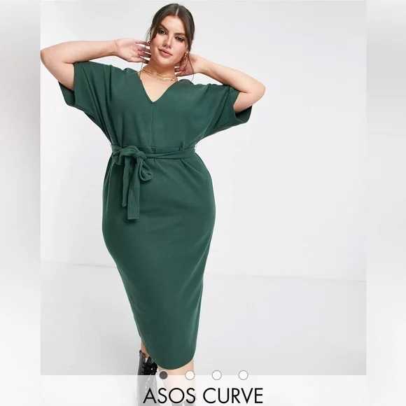 ASOS DESIGN Curve super soft v neck belted midi sweater dress - Picture 1 of 8